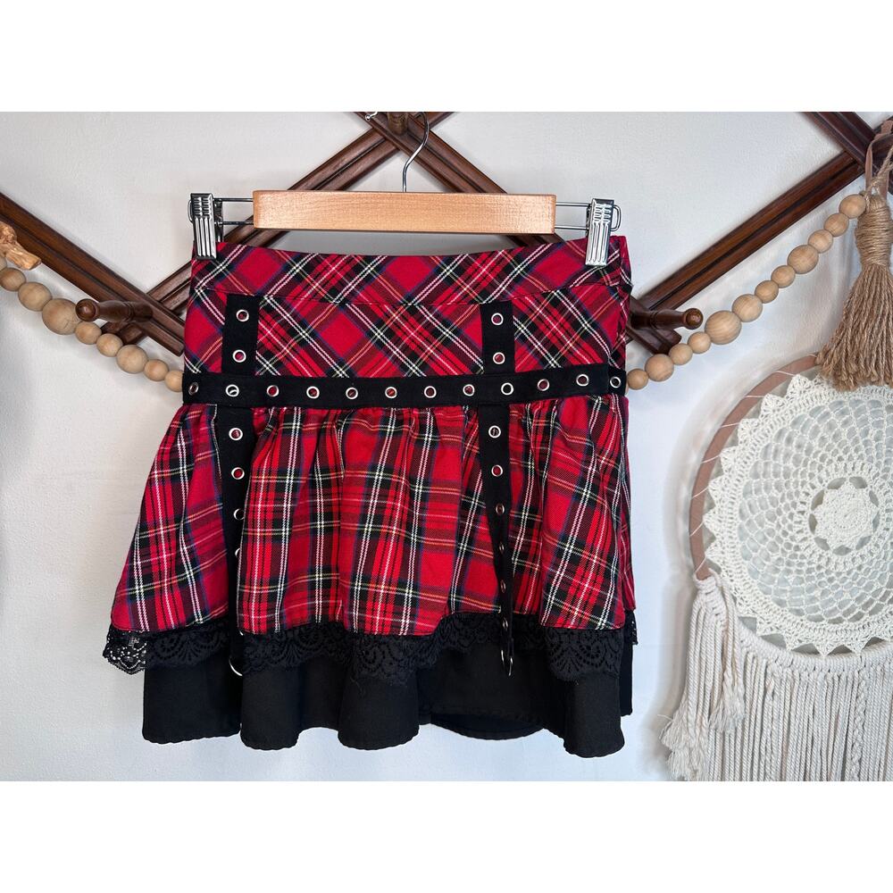 Social Collision Red Plaid Black Grommet Tiered Mini Skirt
